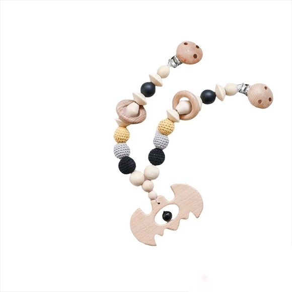 BAT WOODEN STROLLER CHAIN, RATTLE, AND PACIFIER CLIP - Picture 1 of 7